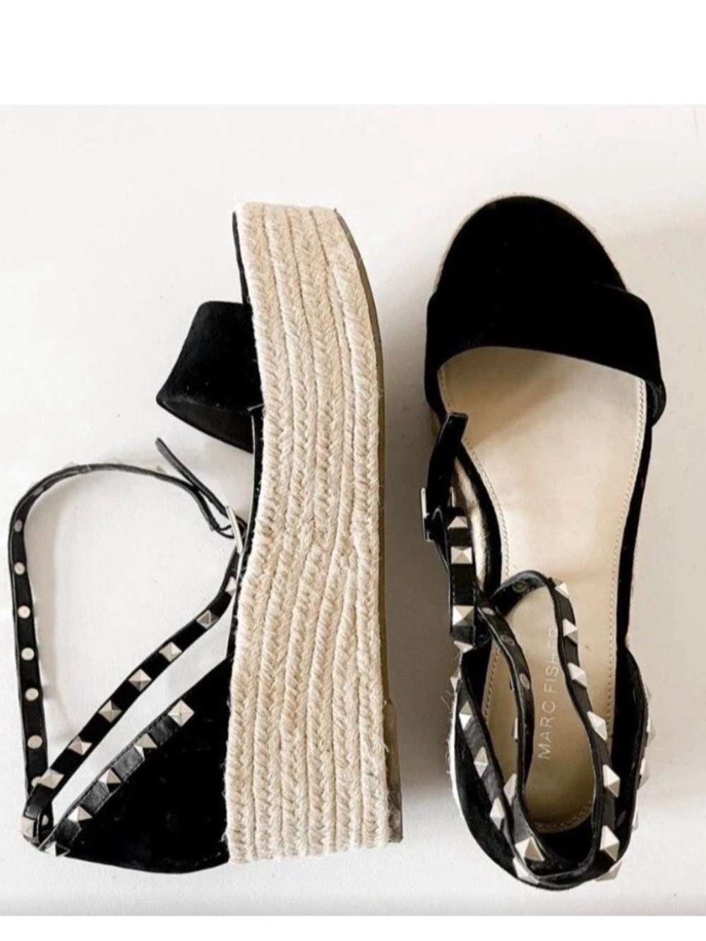 Marc Fisher Jazlyn Women 9.5 Black Suede Sexy Studded Strap Espadrilles